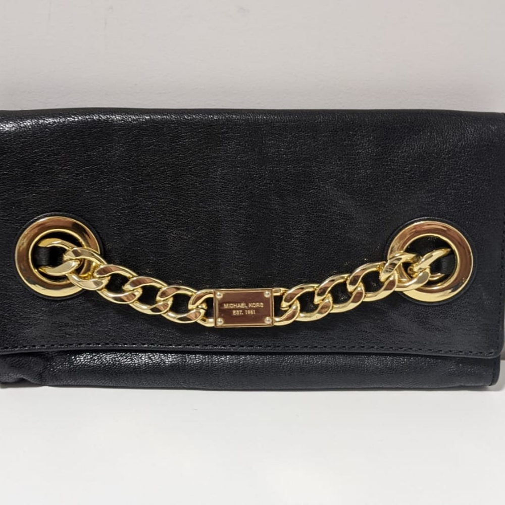 Michael Kors Black Leather Clutch With Gold Chain
